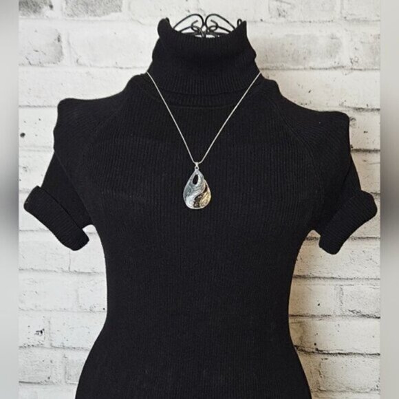 Gold & Silver Tone Teardrop Pendant Necklace w/ Layered Resin Inlay - Picture 1 of 7